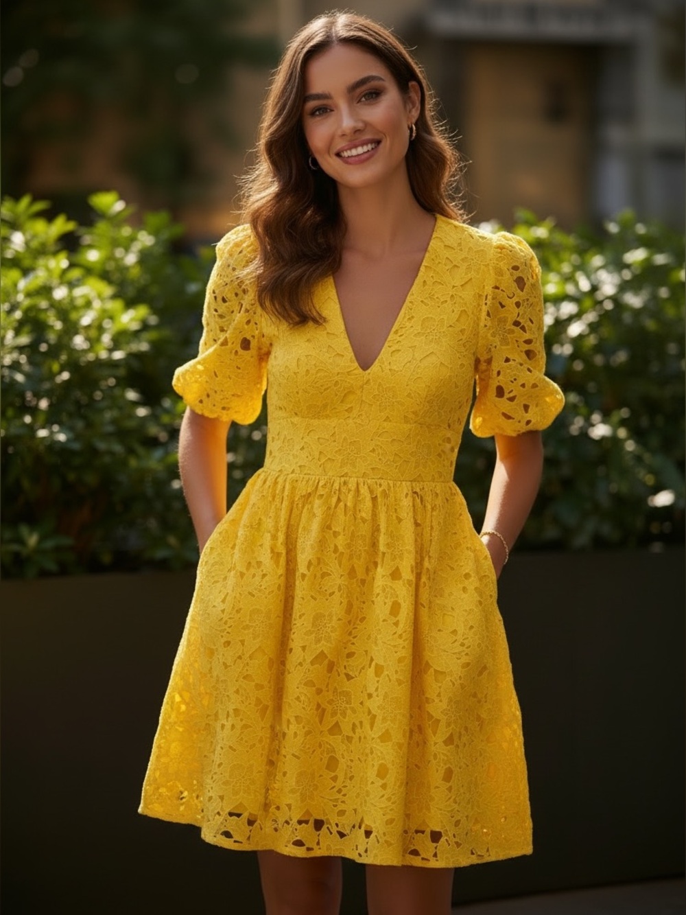 Prabal Gurung x JCPenny Sunny Yellow Lace V-Neck Puff Sleeve Mini Dress size 2